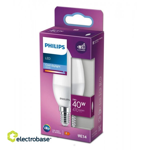 PHILIPS LED 5W (40W) B35 E14 6500K matēta spuldze 470lm