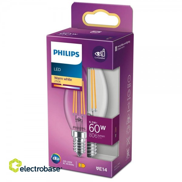 Philips LED classic 6.5W (60W) E14 2700K B35 Clear spuldze 806lm