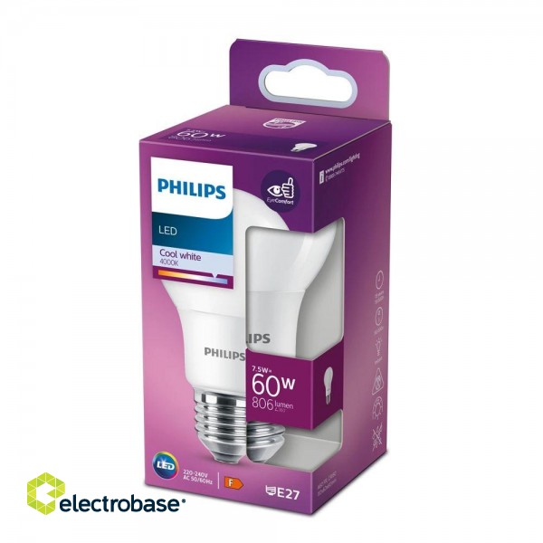 PHILIPS LED 7.5W (60W) A60 E27 4000K matēta spuldze 806lm 8718699770341