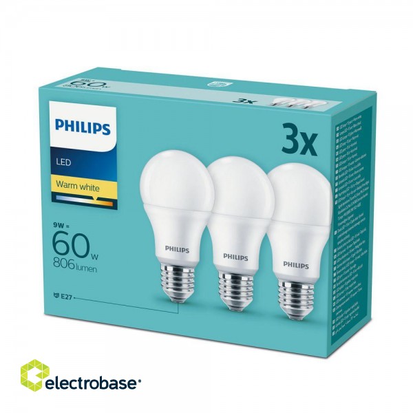 PHILIPS LED 9W (60W) 806lm A60 E27 230V 2700K spuldze 3gab