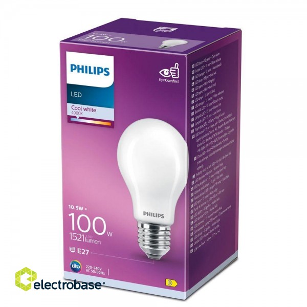 Philips LED classic 10.5W (100W) A60 4000K matēta spuldze 1521lm