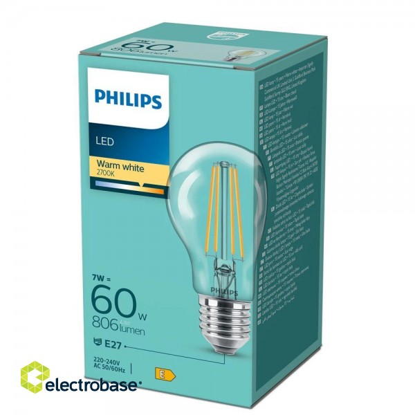Philips LED Classic 7W (60W) A60 E27 2700K Clear spuldze 806lm