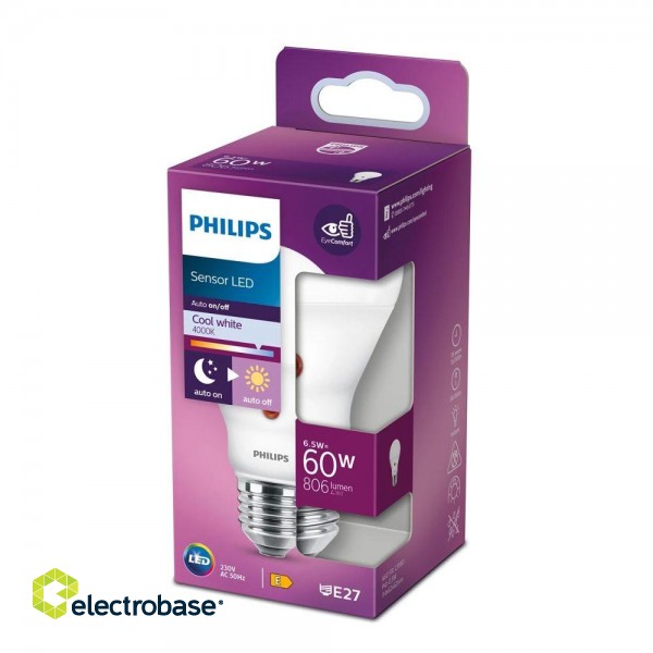 Philips LED 6.5W (60W) A60 E27 Clear matēta spuldze ar dienasgaismas sensoru