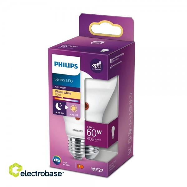 Philips LED 7.5W (60W) A60 E27 2700K matēta spuldze ar dienasgaismas sensoru