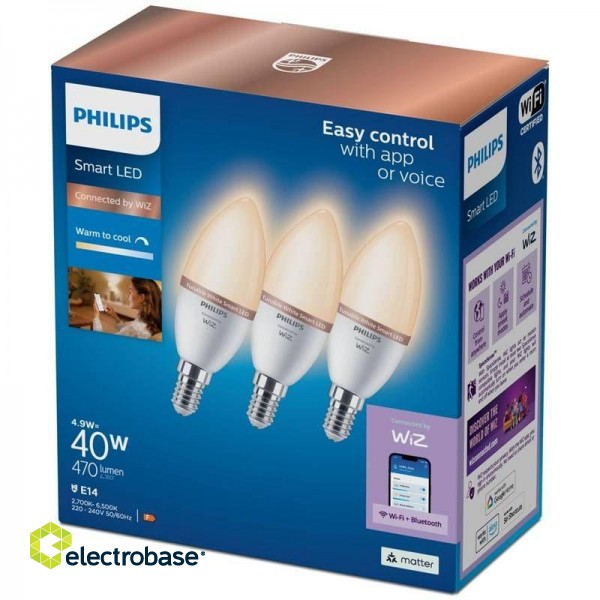 Philips WiZ 4.9W (40W) C37 E14 90CRI 2700-6500K spuldzes 3 gab. 8720169210332