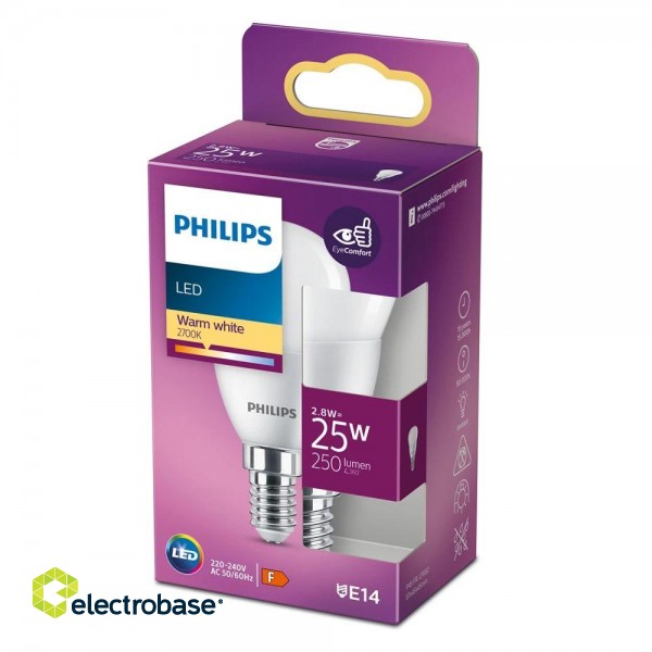 Philips LED 2.8W (25W) P45 E14 2700K matēta spuldze 250lm