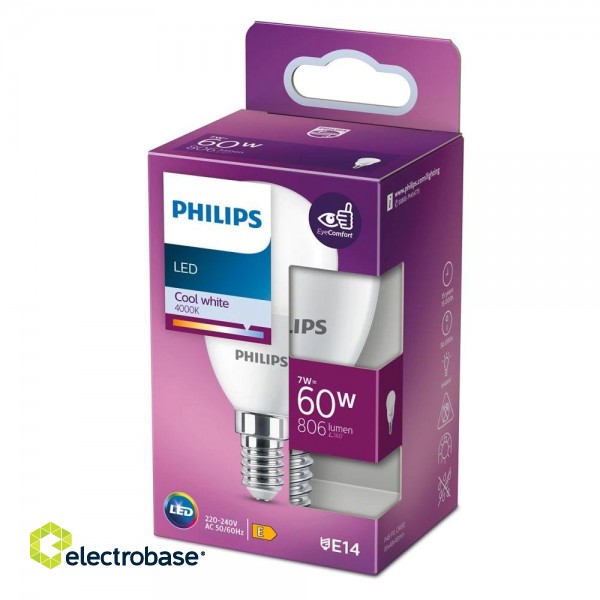 Philips LED 7W (60W) P48 E14 4000K matēta spuldze 806lm