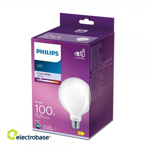 PHILIPS LED classic 10.5W (100W) E27 4000K G120 matēta spuldze 1521lm