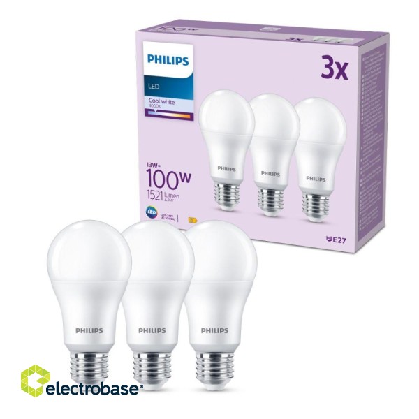 PHILIPS LED 13W (100W) 1521lm A67 E27 4000K matēta 3 gab. spuldzes 8719514451339