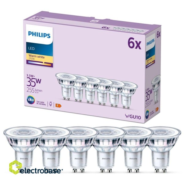 PHILIPS LEDClassic 3.5W (35W) 255lm GU10 2700K 36D nav dimmējama 6 gab. spuldzes 929001217896