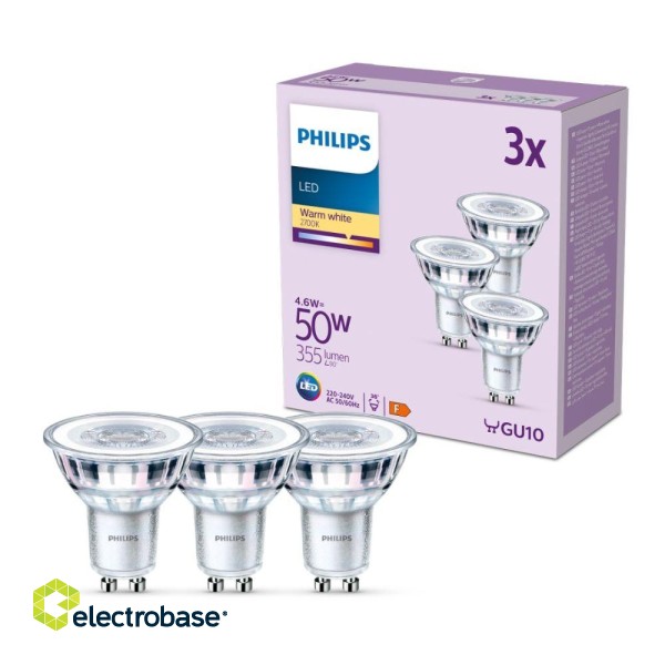 PHILIPS LEDClassic 4.6W (50W) 355lm GU10 2700K 36D nav dimmējama 3 gab. spuldzes 929001215223