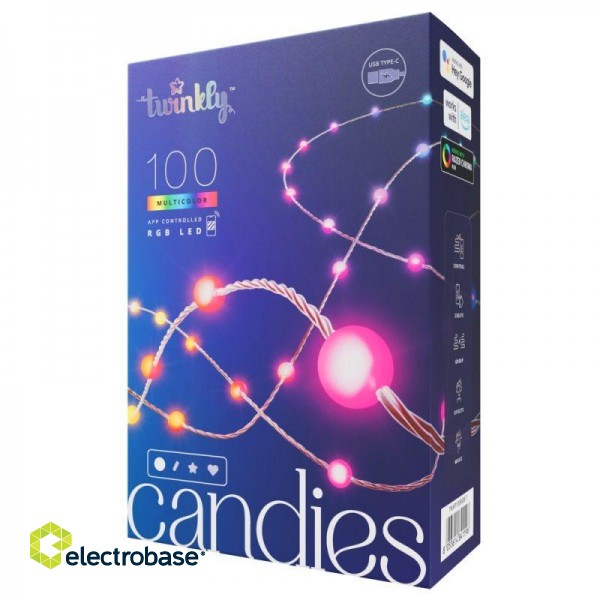 Twinkly Viedā LED lampiņu virtene Twinkly Candies Pearls, Gen II, 6m, 100LED, IP20, BT+WiFi, USB-C caurspīdīgs vads 8053614841196