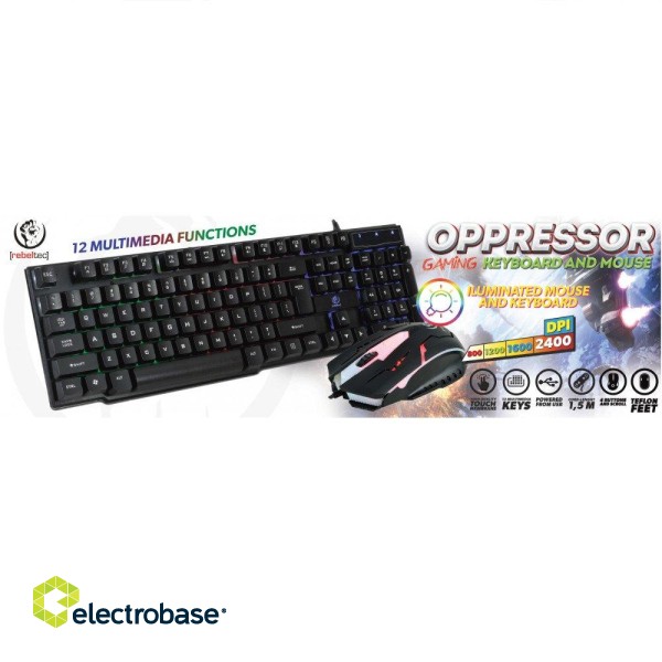 Rebeltec OPPRESSOR Gaming Kombo Komplekts Klaviatūra ar Apgaismojumu + Pele 2400DPI USB Melns (ENG) image 2