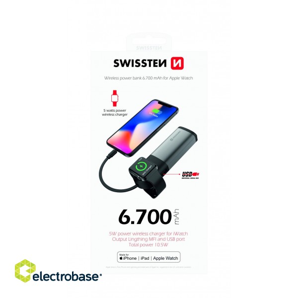 Swissten 2in1 6700 mAh Power Bank / MFi Lightning kabelis / Apple Watch bezvadu lādētājs image 6