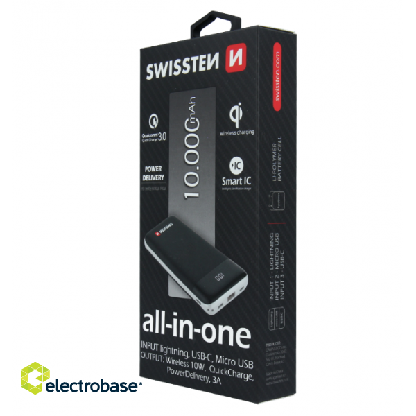Swissten All In One Power Bank 3A / PD / QC 3.0 / Wireless 10W / USB / USB-C / 10000 mAh image 2