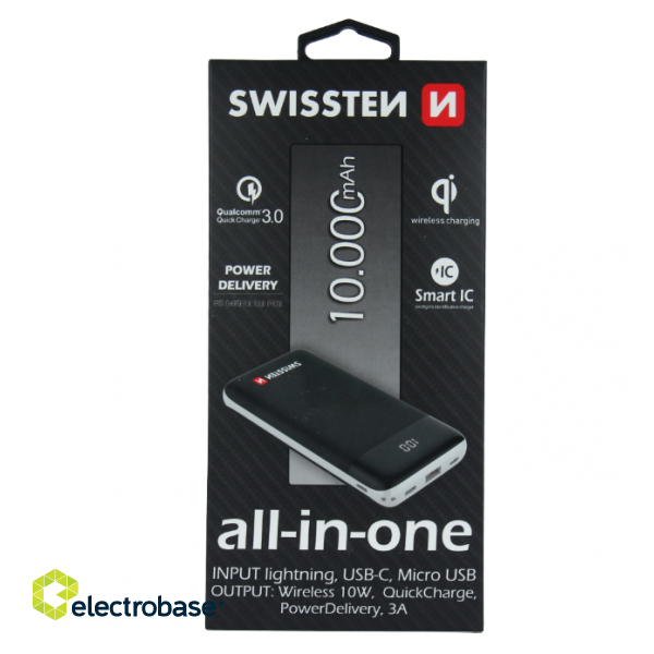 Swissten All In One Power Bank 3A / PD / QC 3.0 / Wireless 10W / USB / USB-C / 10000 mAh image 3