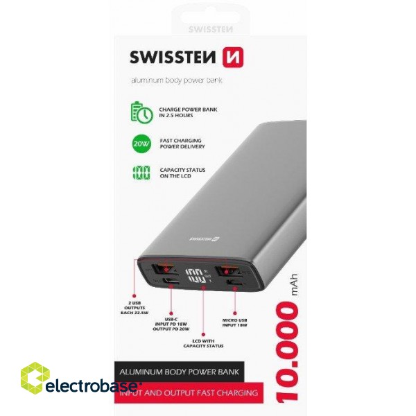 Swissten Aluminium Power Banka Ārējās Uzlādes Baterija 2xUSB / USB-C / Micro USB / 20W / 10000 mAh image 1