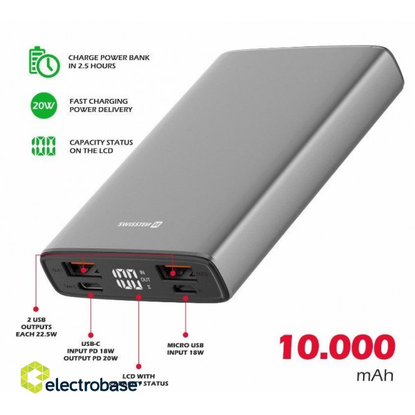 Swissten Aluminium Power Banka Ārējās Uzlādes Baterija 2xUSB / USB-C / Micro USB / 20W / 10000 mAh image 2