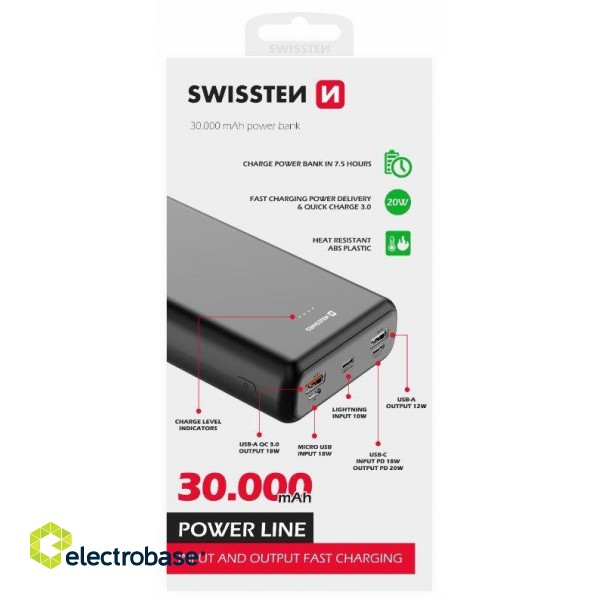 Swissten Line Power Bank Переносная зарядная батарея 2xUSB / USB-C / Micro USB / Lightning / 20W / 30000 mAh фото 1