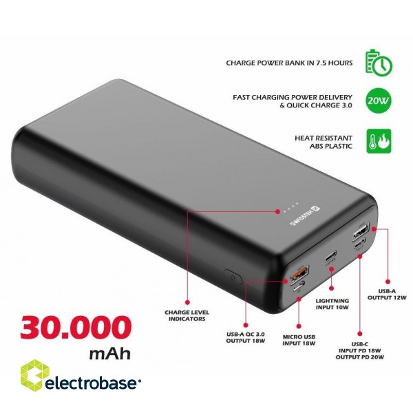 Swissten Line Power Power Bank 2xUSB / USB-C / Micro USB / Lightning / 20W / 30000 mAh image 2