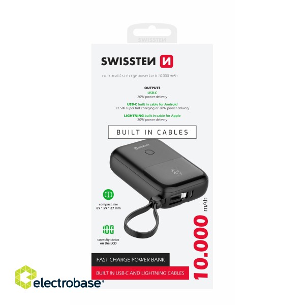 Swissten Power Bank с USB-C и Lightning Проводом 10 000 mAh 22.5W фото 1