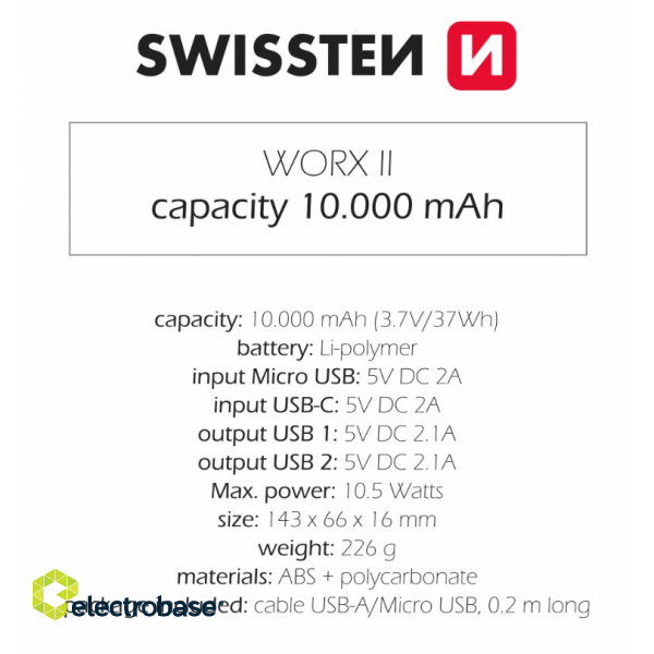 Swissten WORX II Portable Power Bank 2x USB-A / USB-C / Micro USB / 10000 mAh paveikslėlis 3
