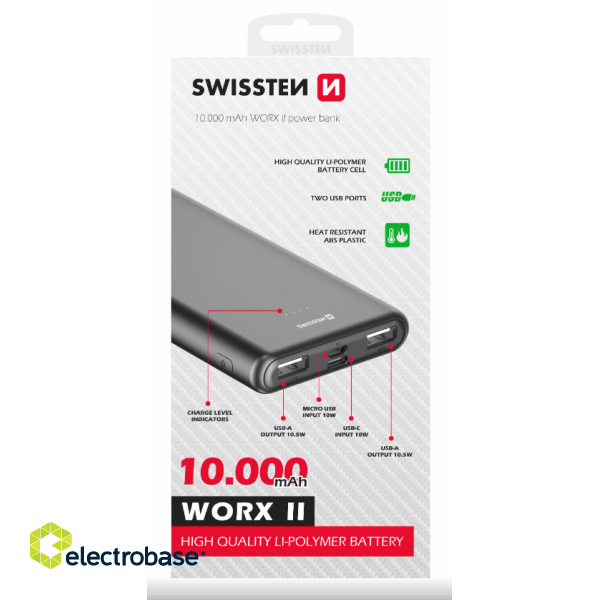 Swissten WORX II Power Bank Переносная зарядная батарея 2x USB-A / USB-C / Micro USB / 10000 mAh фото 4
