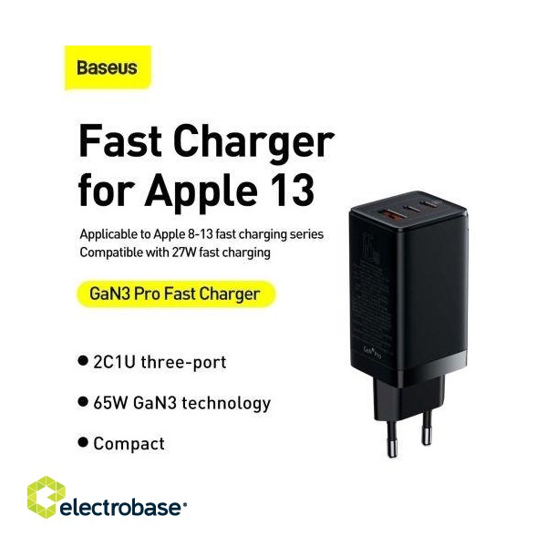 Baseus GaN3 Travel Wall Charger 65W with Type C cable 1m paveikslėlis 10
