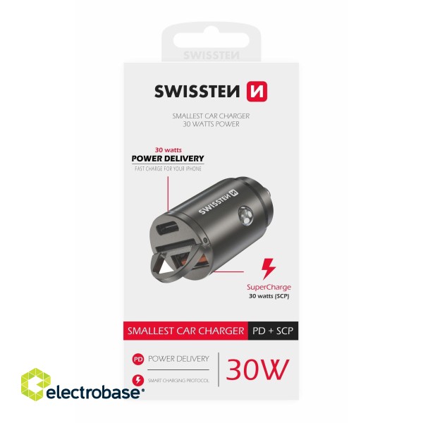 Swissten 30W Nano Metāla Automašīnas Lādētāja Adapteris ar 30W PD / SCP image 3