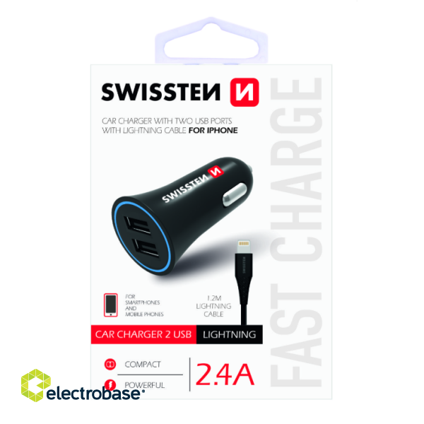 Swissten Auto Lādētājs 12 - 24V / 1A + 2.1A + Lightning Datu Kabelis 1.2m image 1