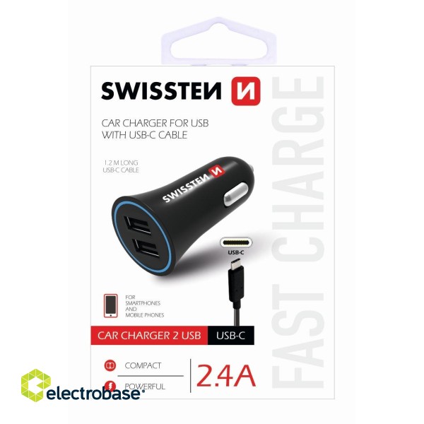 Swissten Автомобильная зарядка 12 / 24V / 1A+ 2.1A + кабель USB-C 1m фото 1