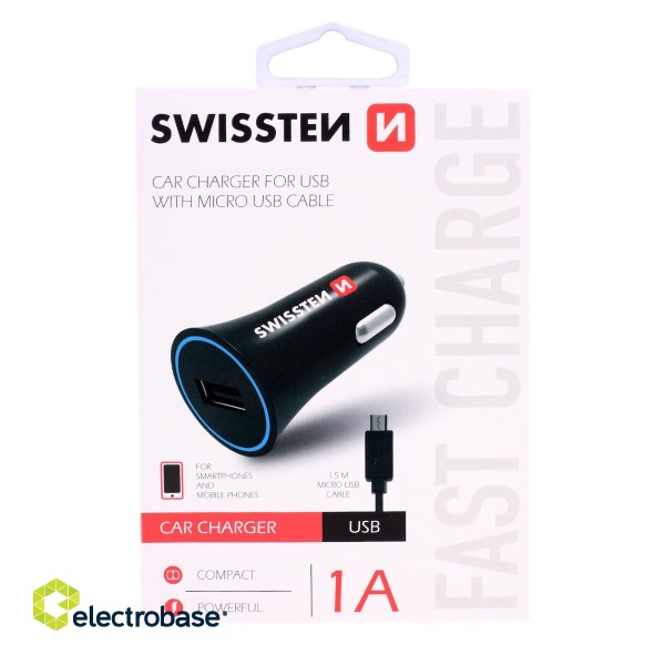 Swissten Автомобильная зарядка 12 / 24V / 1A + кабель Micro USB  1.5m фото 2