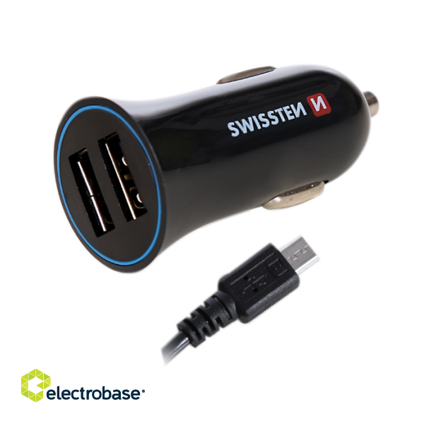 Swissten Автомобильная зарядка 12V - 24V / 1A+ 2.1A + кабель Micro USB 1.5m фото 1