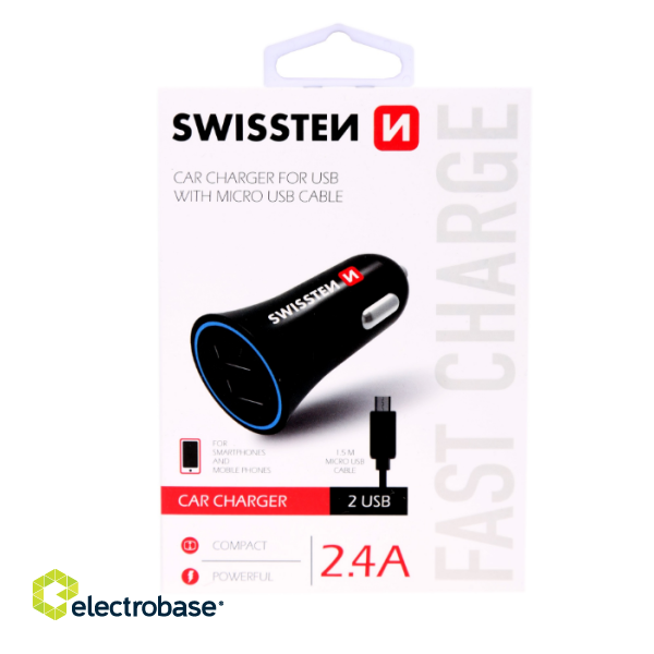 Swissten Автомобильная зарядка 12V - 24V / 1A+ 2.1A + кабель Micro USB 1.5m фото 2