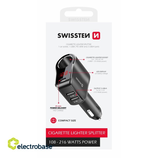 Swissten Auto Lādētājs 1x USB-C PD / 2x USB-A / CL / LED image 4
