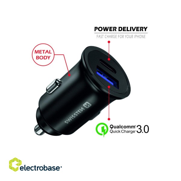Swissten Metāla Auto Lādētājs ar Power Delivery USB-C + Quick Charge 3.0 / 36W Mobīlajiem telefoniem un Planešetdatoriem image 2