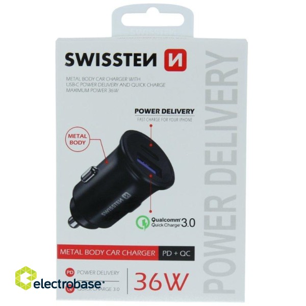 Swissten Metal Car Charger Adapter with Power Delivery USB-C + Quick Charge 3.0 / 36W For mobile phones and tablets image 4