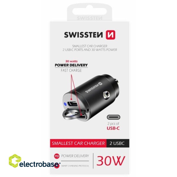Swissten Nano Metal Car Charger Adapter 2xUSB-C with 30W PD / SCP image 1