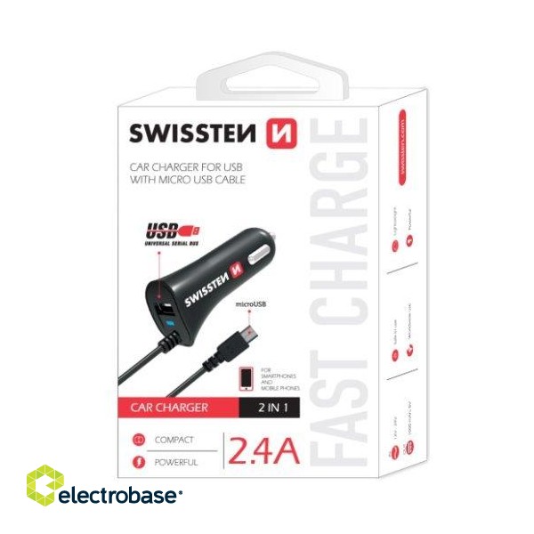 Swissten Premium Auto Lādētājs USB + 2.4A un Micro USB vads image 2
