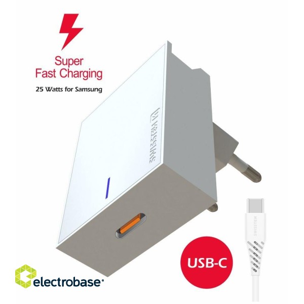 Swissten 25W Samsung Super Fast Charging Travel charger with 1.2m USB-C to USB-C cable paveikslėlis 1