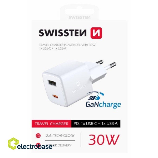 Swissten GaN Mini Tīkla Lādētājs USB-C / USB / PD 30W image 1