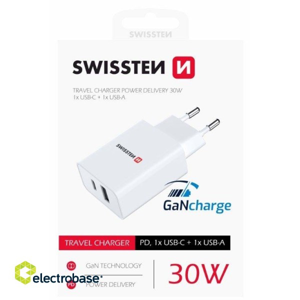 Swissten GaN Travel Charger PD 30W USB-C / USB image 1