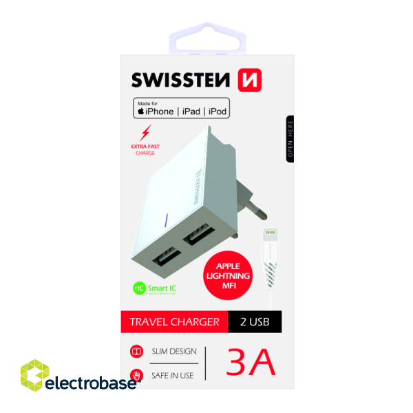 Swissten MFI Premium Apple Sertificēts Tīkla Lādētājs USB 3А / 15W Ar Lightning vadu 1.2m image 1