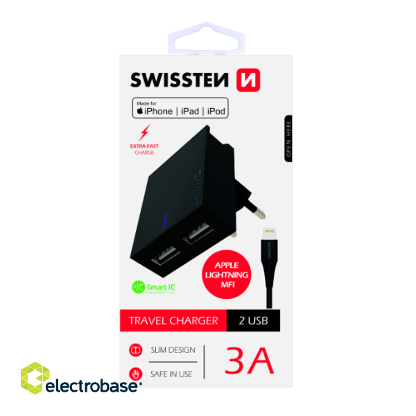 Swissten MFI Premium Apple Certified Travel Charger USB 3А / 15W With Lightning Cable 1.2m image 1