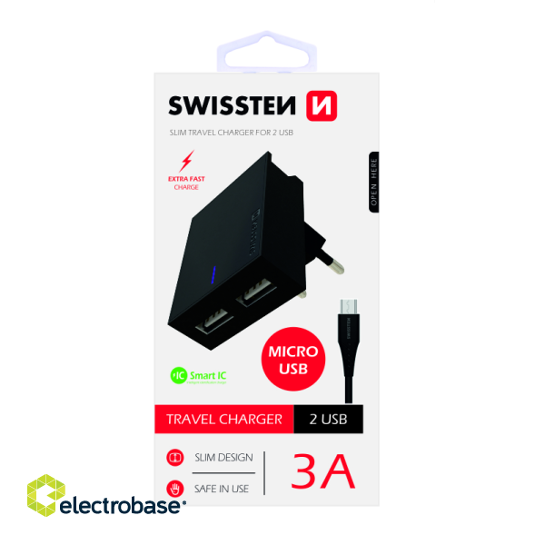 Swissten Premium Travel Charger USB 3A / 15W With Micro USB Cable 1.2m paveikslėlis 1