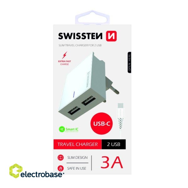 Swissten Premium Tīkla Lādētājs USB 3А / 15W Ar USB-C vadu 1.2m image 1