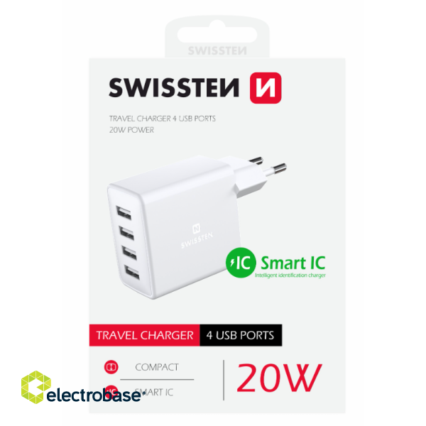 Swissten Smart IC Premium Travel Charger 4 x USB 4A / 20W With Automatic Optimal Power Charging image 2