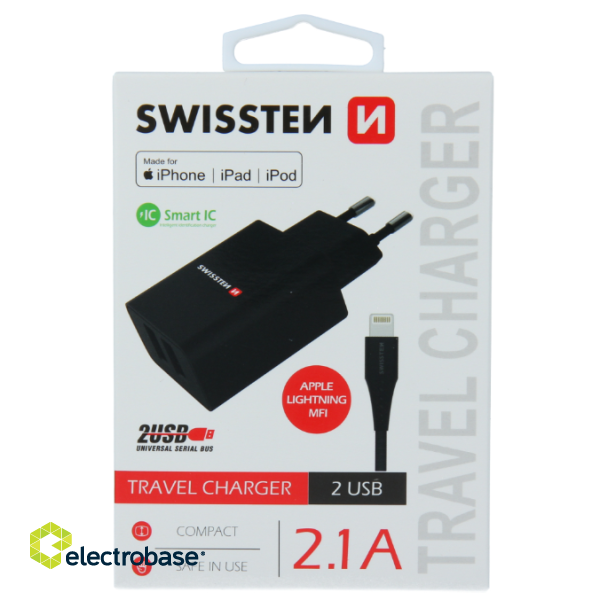 Swissten Smart IC Travel Charger 2x USB 2.1A with Lightning MFI Cable 1.2m