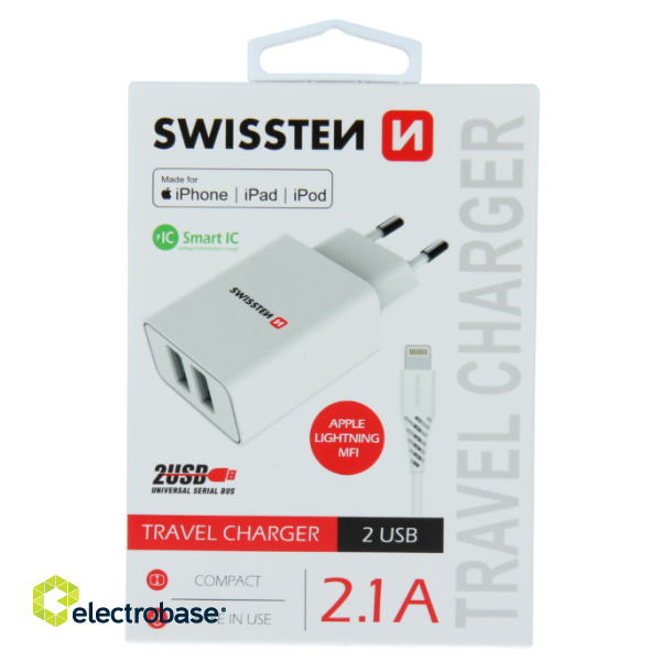 Swissten Smart IC Travel Charger 2x USB 2.1A with Lightning MFI Cable 1.2 m