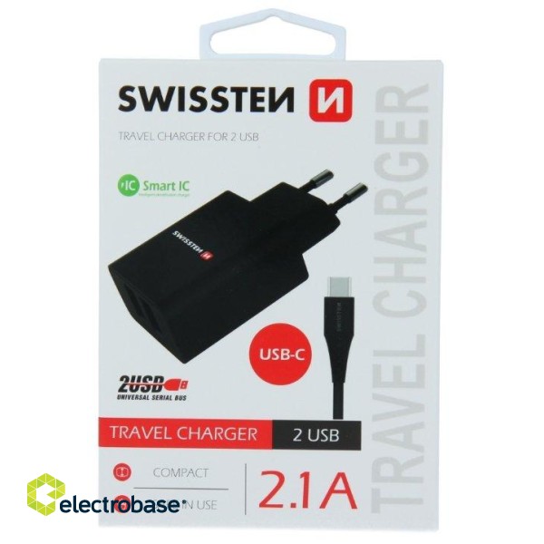Swissten Smart IC Tīkla Lādētājs 2x USB 2.1A ar USB-C vadu 1.2 m image 1